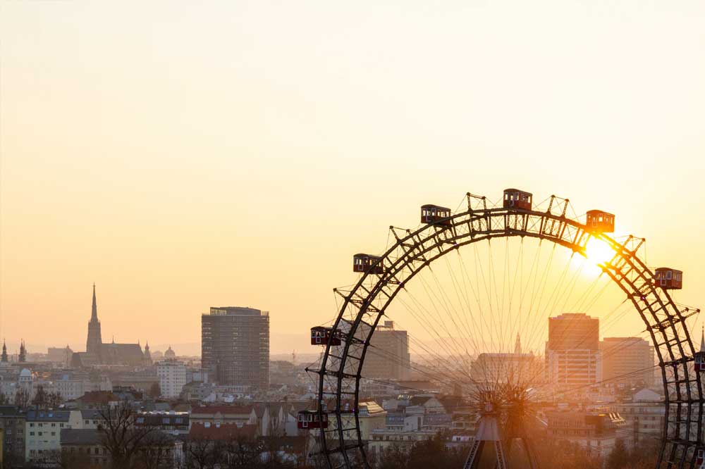 sunrise above vienna with the famous ferris wheel in front