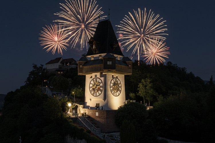 Fireworks on top of the Uhrturm of Graz