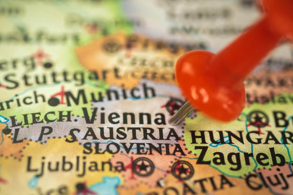 a pin shows vienna on a map