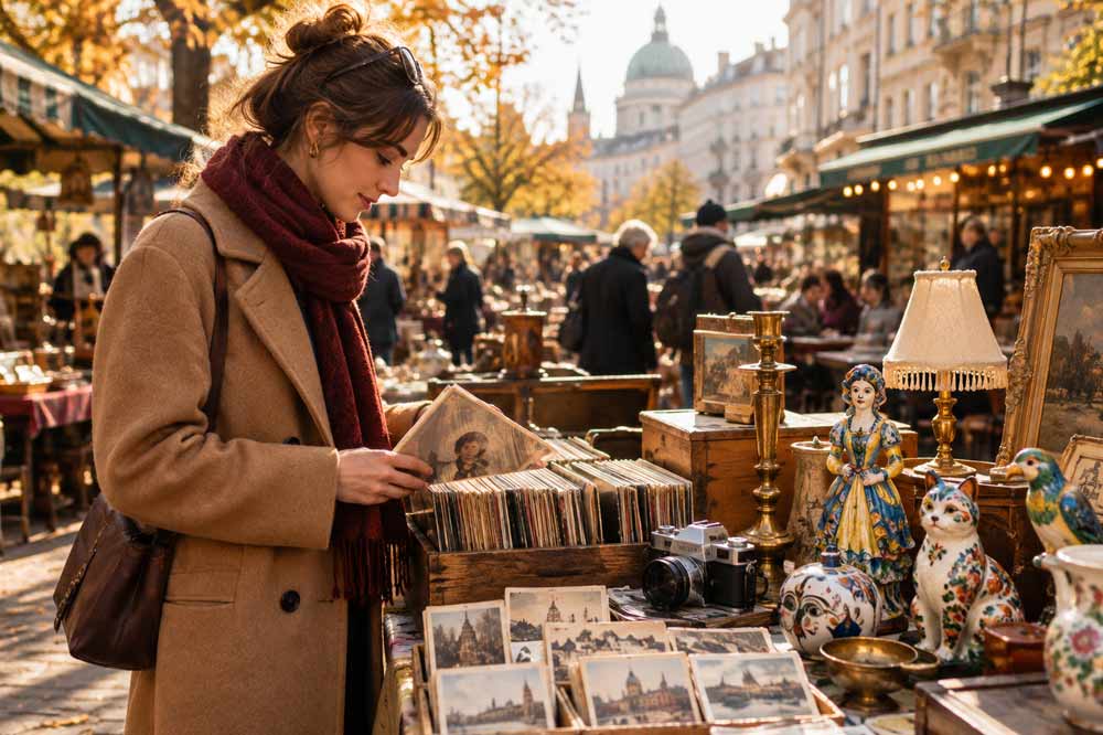 Frau schaut sich auf einem Flohmarkt um