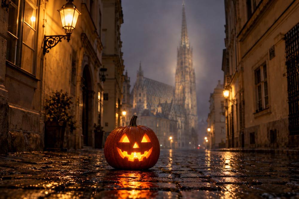 Kürbis mit geschnittem Gesicht steht in der Gasse vor dem Stephansdom